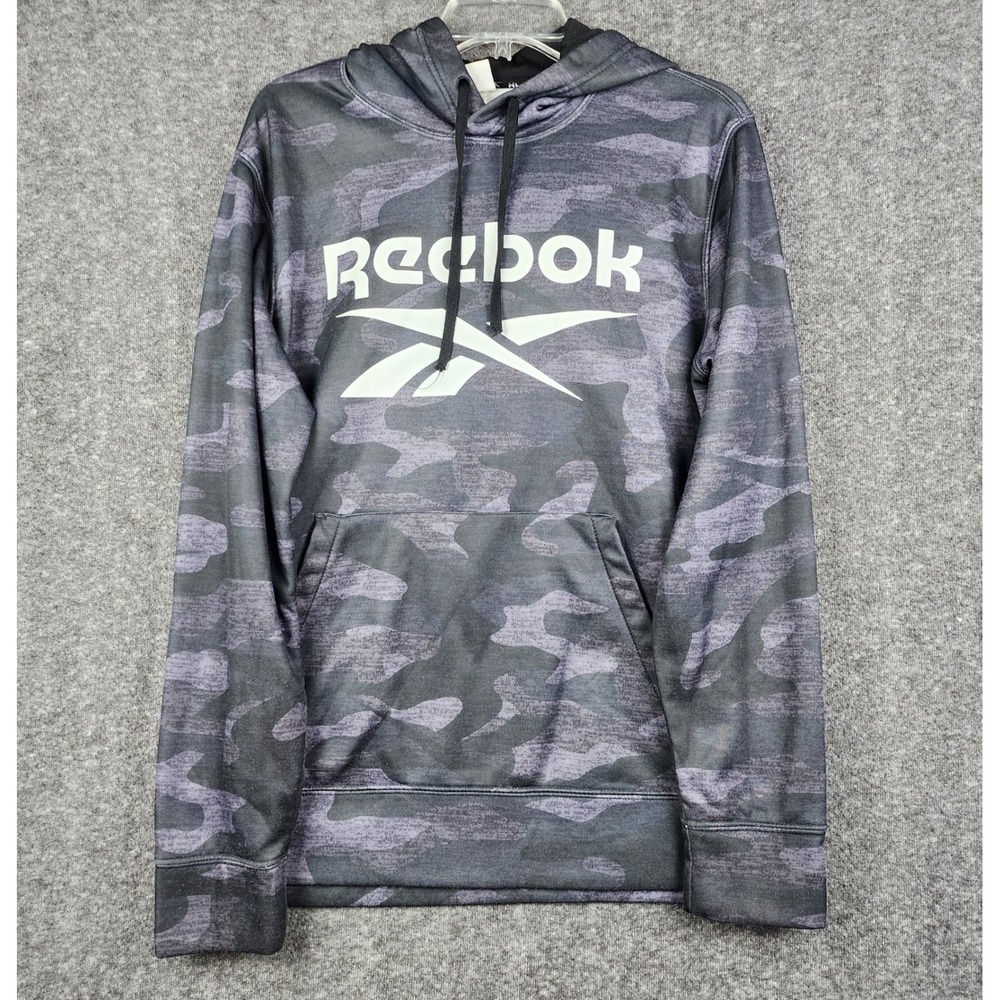 Reebok Hoodie Men Medium Gray Camo Graphic Pullover Fleece Athletic Sweatshirt